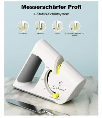 Effizientes 4-Stufen-Messerschärfsystem für Küchenmesser und Scheren. Sicheres Schärfen mit schnittfestem Handschuh.