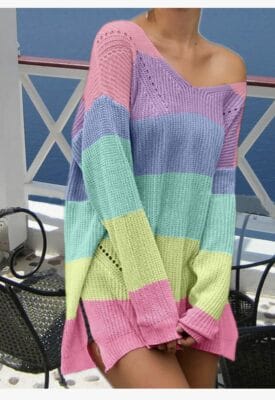 Damen Strickpullover: Schulterfrei, oversized mit V-Ausschnitt, Farbblock-Design - perfekter lässiger Pullover für stilvolle Outfits