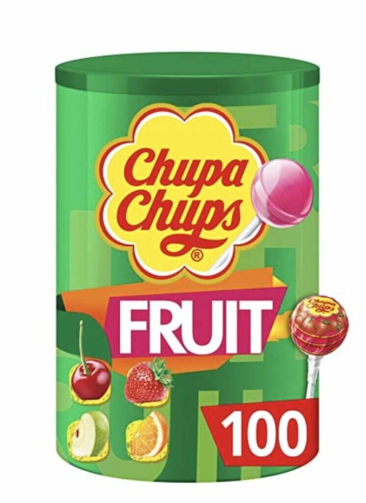 Nervennahrung: Chupa Chups Fruchtlutscher, 100 Lollis in der Dose – 43% Rabatt