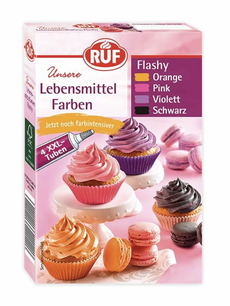 RUF Lebensmittelfarben pastell, 4 XXL Tuben in Orange, Pink, Violett, Schwarz – 51% Rabatt + 25% Spar-Abo