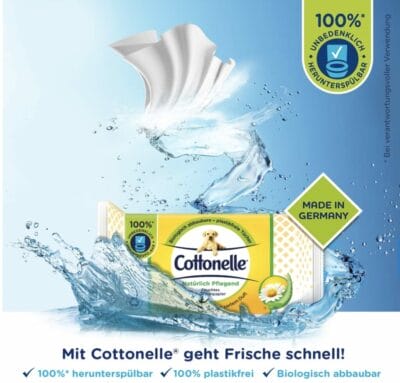 Cottonelle Feuchtes Toilettenpapier, Kamille & Aloe Vera, biologisch abbaubar, plastikfrei, 12x42 Pack für sanfte Reinigung.