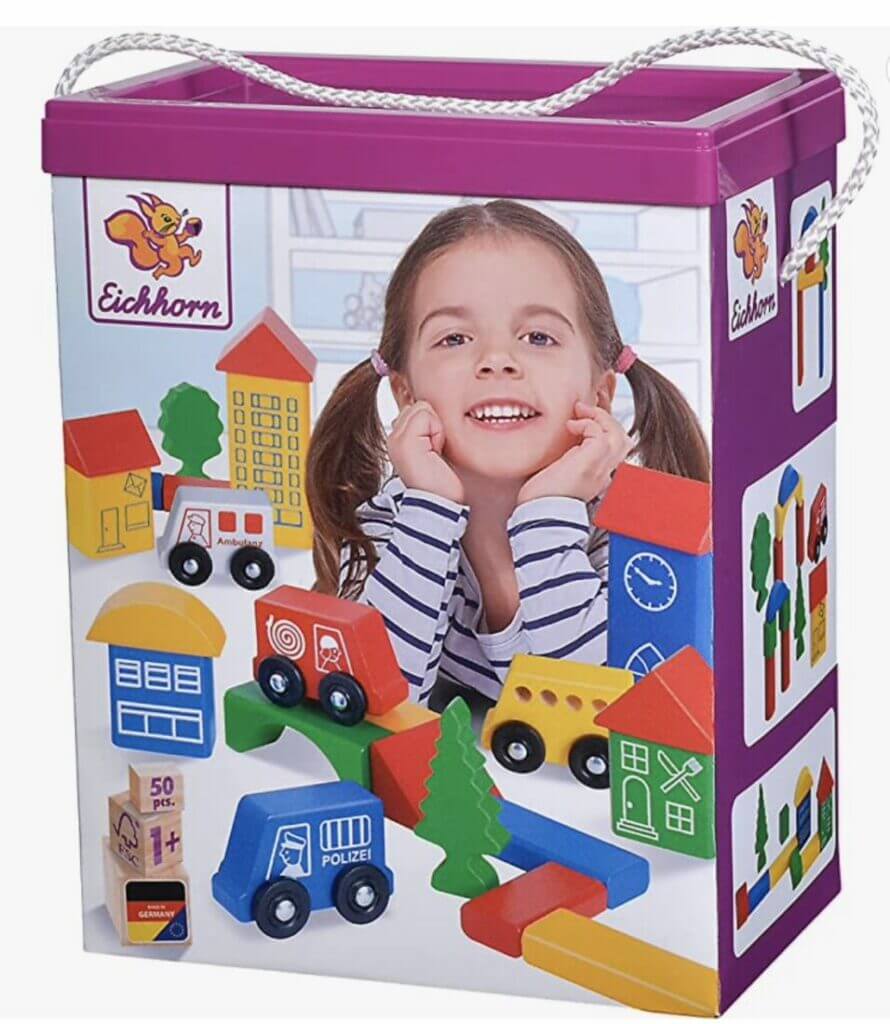Eichhorn – 50 bunte Holzbausteine City Blocks mit Druck, in der Aufbewahrungsbox mit Kordel und Sortierdecke – 59% Rabatt