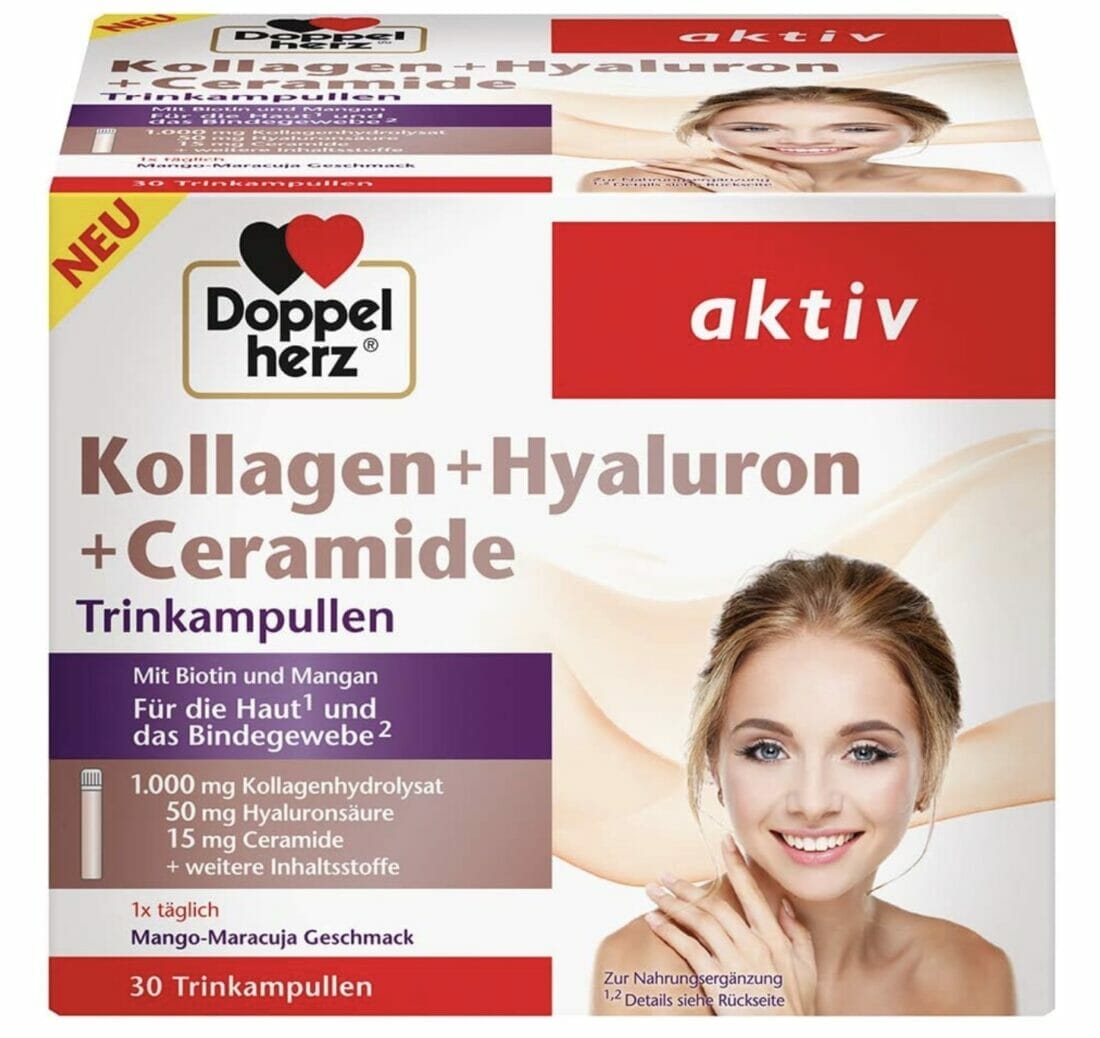 Doppelherz Kollagen + Hyaluron + Ceramide – Mit Biotin, Zink und Niacin, 30 Trinkampullen – 30% Rabatt