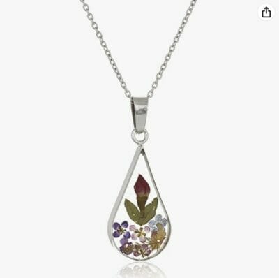 Amazon Collection Sterling Silver Multi Pressed Flower Teardrop Pendant Necklace