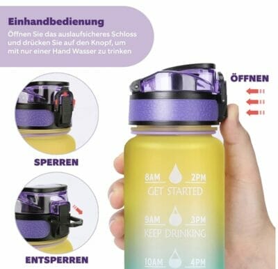 LEHOM Trinkflasche 1L Wasserflasche Auslaufsicher Sportflasche BPA Frei Tritan Fahrradflasche mit Zeitmarkierung Farbverlauf1
