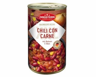 Genieße DREISTERN Chili con Carne: Traditionelle Rezeptur, viel Einlage, einfach zubereitet, in recyclebarer Dose.