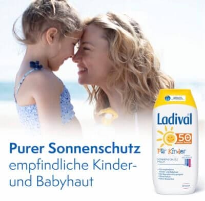 Ladival Kinder Sonnenmilch LSF 50+: Schützt empfindliche Kinderhaut, parfümfrei, wasserfest, ohne Zusatzstoffe.
