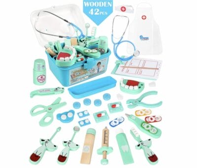 Vanplay Arztkoffer Kinder Holz Doktor Spielzeug mit Stethoskop Kinder Blau Rollenspiel Geschenk ab 3 4 5 6 Jahren Jungen Maedchen Kinder42Stk