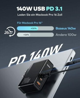Baseus USB C Ladegerät 140W: Schnelles Laden für MacBook, iPhone, iPad, Galaxy, Laptop. Effizient und kompakt.