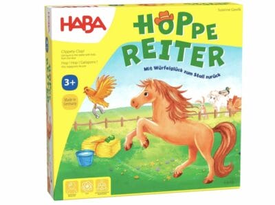 HABA 4321 Hoppe Reiter Pferdestarkes Wettlaufspiel fuer 2 4 Spieler von 3 12 Jahren Spielbar in 3 Varianten Brettspiel mit einfachen Spielregeln