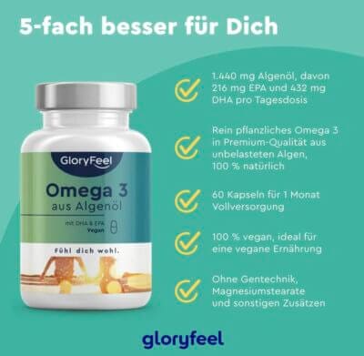 Omega 3 vegan aus Algenoel 1.440mg Markenrohstoff lifes™ OMEGA Hochdosiert mit 432mg DHA 216mg EPA in Triglycerid Form 100 pflanzlich laborgeprueft in Deutschland hergestellt1