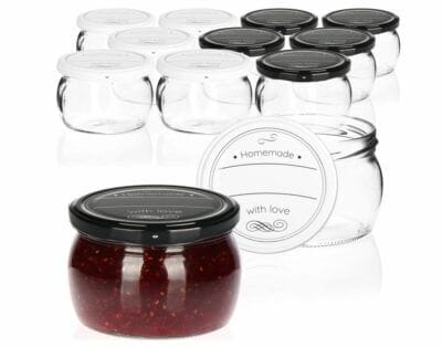 com four® 12x bauchige Einmachglaeser mit Schraub Deckel Homemade with Love in schwarz und weiss to O 82 mm bis zu ca. 260 ml