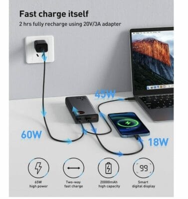 Baseus 65W Power Bank: Schnelles Aufladen für MacBook, Dell, iPad, iPhone, Samsung, Nintendo Switch und mehr.