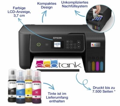 Epson EcoTank ET-2870 A4-Multifunktions-Wi-Fi-Tintentankdrucker - 35% Rabatt 5 Revolutioniere das Drucken zu Hause mit dem Epson EcoTank ET-2870, inklusive drei Jahre Tintenvorrat.