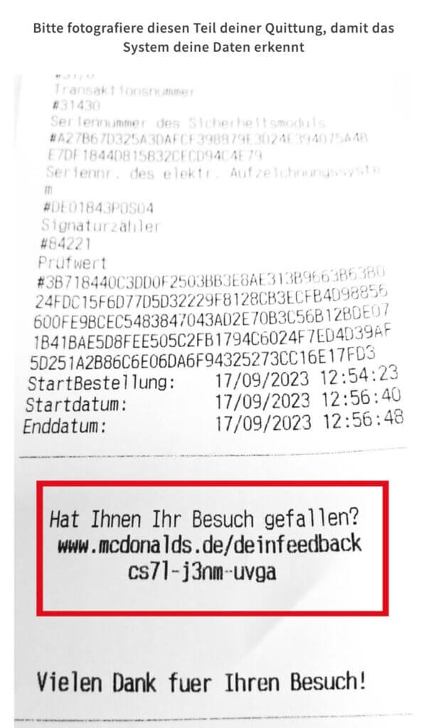 McDonalds feedback kassenbon mit dem Code