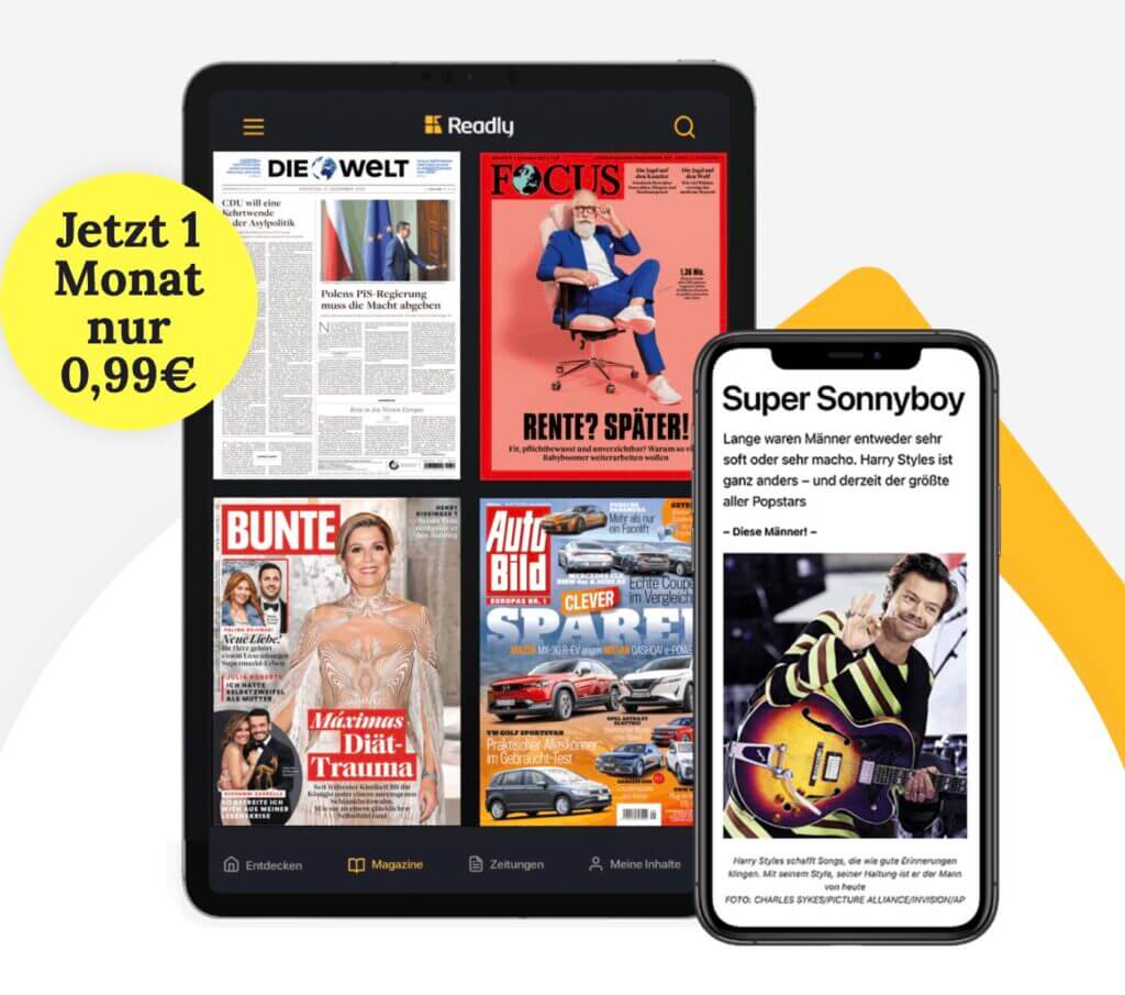 Alle Zeitungen und Zeitschriften auf Tablet, Smartphone oder Rechner mit Readly 1 Monat lesen für 0,99 € lesen