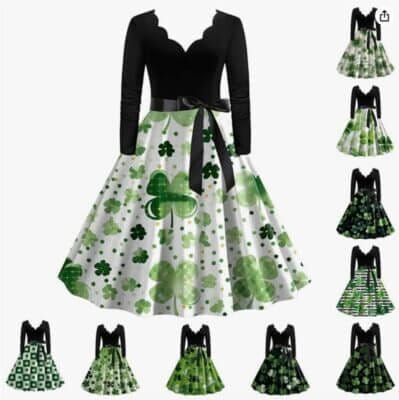 Damen St. Patrick's Day Kleid: Langarm, Swing Kleid, grüner Kleeblatt-Print. Perfekt für Partys und Abende!