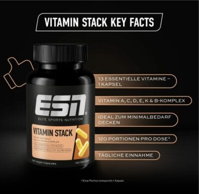 Tägliche Nährstoffversorgung mit ESN Vitamin Stack: Enthält 13 Vitamine, ideal für aktive Lebensstile.