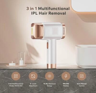 Effektive Haarentfernung zu Hause! IPL Gerät mit 999.900 Lichtimpulsen, 9 Stufen, und 3 Funktionen für Männer und Frauen.