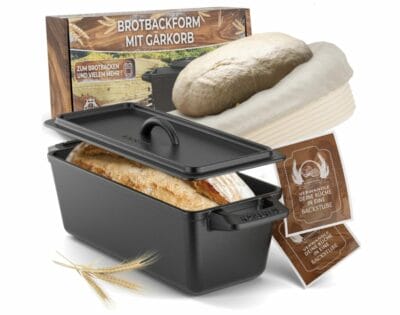 KAISERTAL® Brotbackform: Gusseisen mit Deckel, inkl. Gärkorb & Teigmesser. Perfekt für selbstgebackenes Brot.