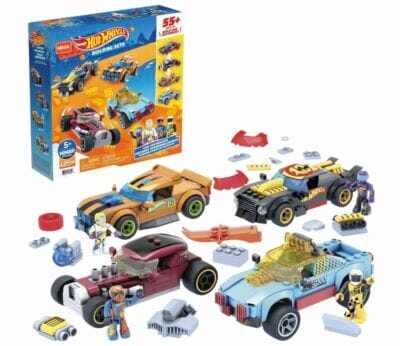 MEGA Construx Hot Wheels: Bauset mit 485 Teilen, 4 Fahrzeugen und 4 Actionfiguren. Spannende Rennen und Abenteuer!