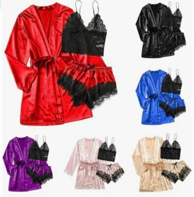 Pyjama Set 3-teiliges Satin-Pyjama Set für Damen