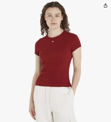Tommy Jeans Damen T-Shirt: Essential Rib, Kurzarm, Rundhalsausschnitt. Perfekt für Alltag und Style.