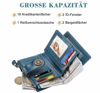 UNOSEKS Geldbörse Damen - Stilvolles, kompaktes Portemonnaie aus echtem Leder mit RFID-Schutz in Pfauenblau. Kaufe jetzt!