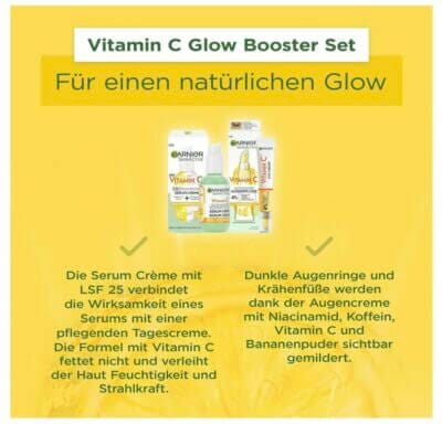 Garnier Vitamin C Glow Booster Set mit Anti-Müdigkeits Augenpflege und Serum Crème