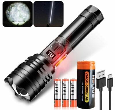 ASORT LED-Taschenlampe: 30000 Lumen, USB-aufladbar, 10 Modi, SOS-Funktion, ideal für Outdoor und Notfälle.