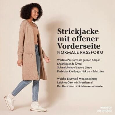 "Leichter Damen Strickjackenpullover von Amazon Essentials, länger geschnitten, ideal für jede Gelegenheit. Komfort trifft auf Stil."