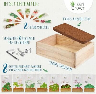 Entdecke das Saatgut Anzuchtset von OwnGrown: Gemüse, Erdbeeren, Kräuter. Ideal für Kinder, mit Holzkiste.