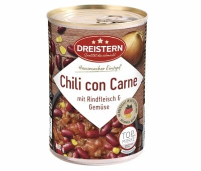 Genieße DREISTERN Chili con Carne, pikant mit Bohnen & Mais, in recyclebarer Dose für schnellen Genuss.