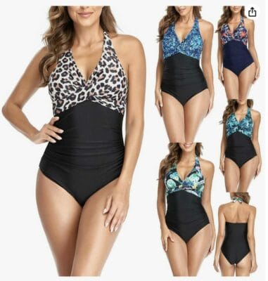 Eleganter Damen-Badeanzug mit V-Ausschnitt, Neckholder, Push-Up-Effekt und Bauchweg-Design. Perfekte Strandmode für Selbstbewusstsein und Stil.