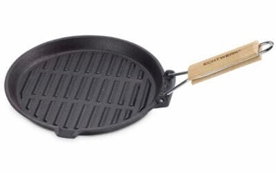 ECHTWERK EW-GE-1235 Grillpfanne aus Gusseisen: Grillstreifen, feuerfest mit Holzgriff, leicht zu reinigen, robust, 24x24cm.