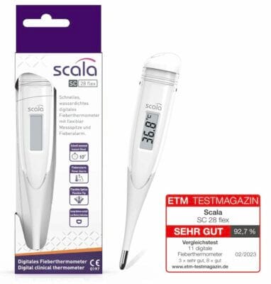 scala SC 28 flex digitales Fieberthermometer: Schnelle Messung, flexibel, wasserdicht, Fieberalarm. Ideal für die ganze Familie.