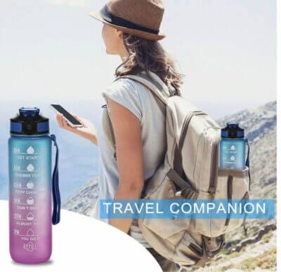 Wasserflasche: Auslaufsicher und BPA-frei. Mit Zeitmarker, Trageriemen für Fitness, Camping und mehr.