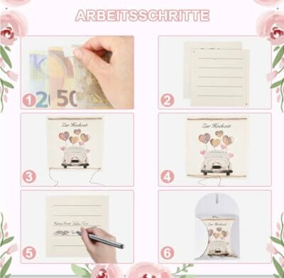 Kreative Geldgeschenk Hochzeitskarte aus Holz mit Umschlag. Personalisierbar, inklusive Spardose im Hochzeitsauto-Muster. Perfekt für Brautpaare.