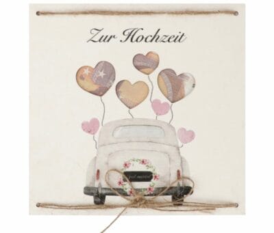 Geldgeschenk Hochzeit Kreative Holz Hochzeitskarte für Geldgeschenke mit individueller Gravur, Umschlag und Spardose im Hochzeitsauto-Muster.