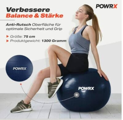 Vielseitiger Gymnastikball: POWRX, Anti-Burst, verschiedene Größen und Farben, ideal für Training und Büroarbeit.