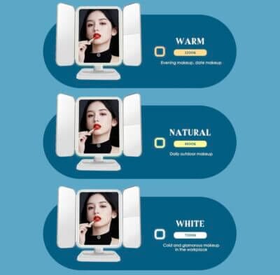 Beleuchteter Kosmetikspiegel: 1X/2X/3X Vergrößerung, 3 Farbtemperaturen, stufenlose Helligkeit, Touch-Steuerung, ideal für jede Schönheitsroutine.