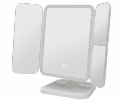 Beleuchteter Kosmetikspiegel: Groß, faltbar, 1X/2X/3X Vergrößerung, 3 Farbtemperaturen, stufenlose Helligkeit, Touch-Steuerung, abnehmbare Basis.