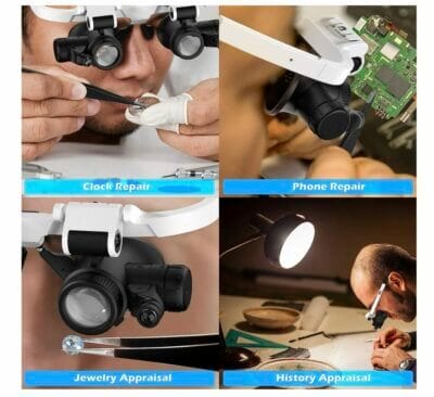 Präzise Detailarbeit: Lightswim Stirnbandlupe mit LED-Lichtern und austauschbaren Objektiven für verschiedene Vergrößerungen.