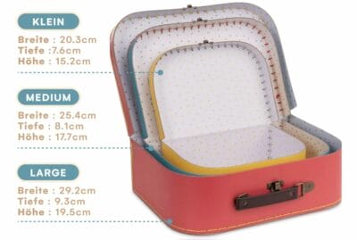Pappkoffer Jewelkeeper Pappkoffer Set: Farbenfrohe Aufbewahrung für Geschenke, Deko und mehr. Stilvoll ordnen in Rot, Türkis, Gelb.