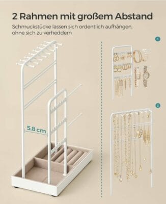 SONGMICS Schmuckständer in Weiß: Ideal für Halsketten, Armbänder & Ohrringe. Stilvoll, stabil, mit Samt-Tablett.