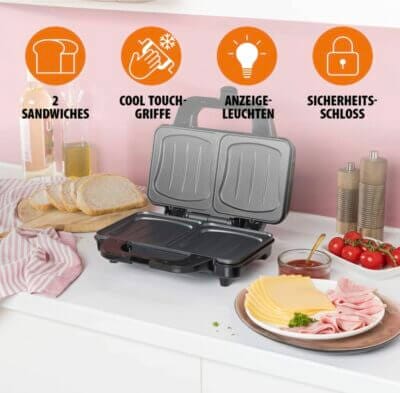 Tristar SA-3060 Sandwich Maker: Extra tiefe Platten, Antihaftbeschichtung, kompakte Lagerung. Perfekt für große Sandwiches.