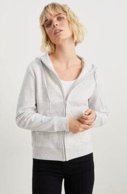 Damen Sweatjacke: Weich, komfortabel, meliert, Kapuze, Kängurutasche, Rippbündchen, pflegeleicht, zeitlos.