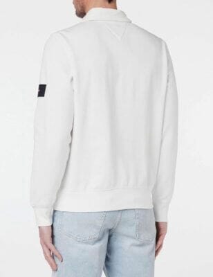 Tommy Hilfiger Herren Sweatshirt: Weiß, halber Reißverschluss, ikonisch, stilvoll, aus Baumwolle und recyceltem Polyester.