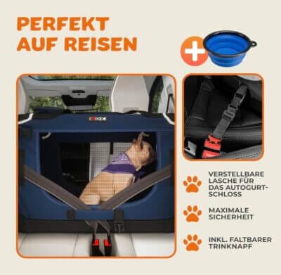 Cadoca® Hundetransportbox: Faltbar, robust, sicher und komfortabel für Reisen. Navy Blau, pflegeleicht, mit Extras.