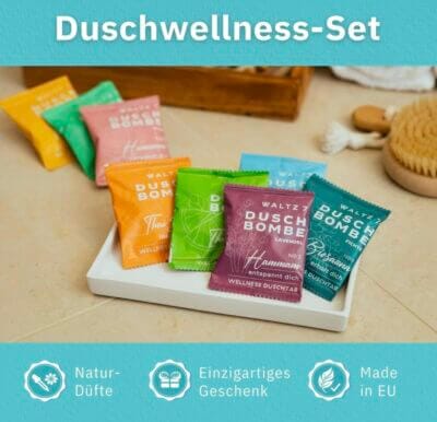 WALTZ 7 Duschbomben Set: 16 Stück, 8 Düfte, ätherische Öle. Perfektes Wellness-Geschenk für jeden Anlass.